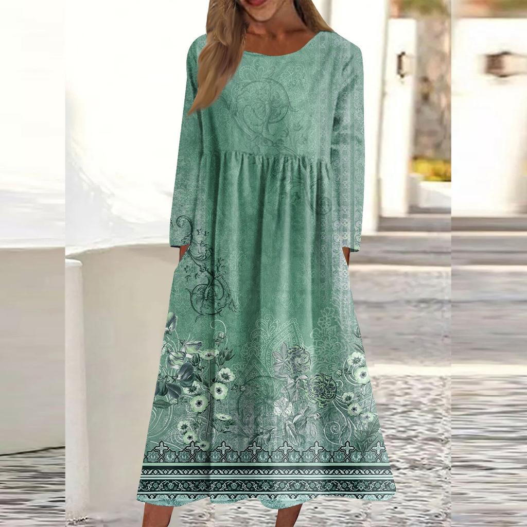 Women's Casual -neck Print Mid-length Dress Long-sleeved Pocket Dress