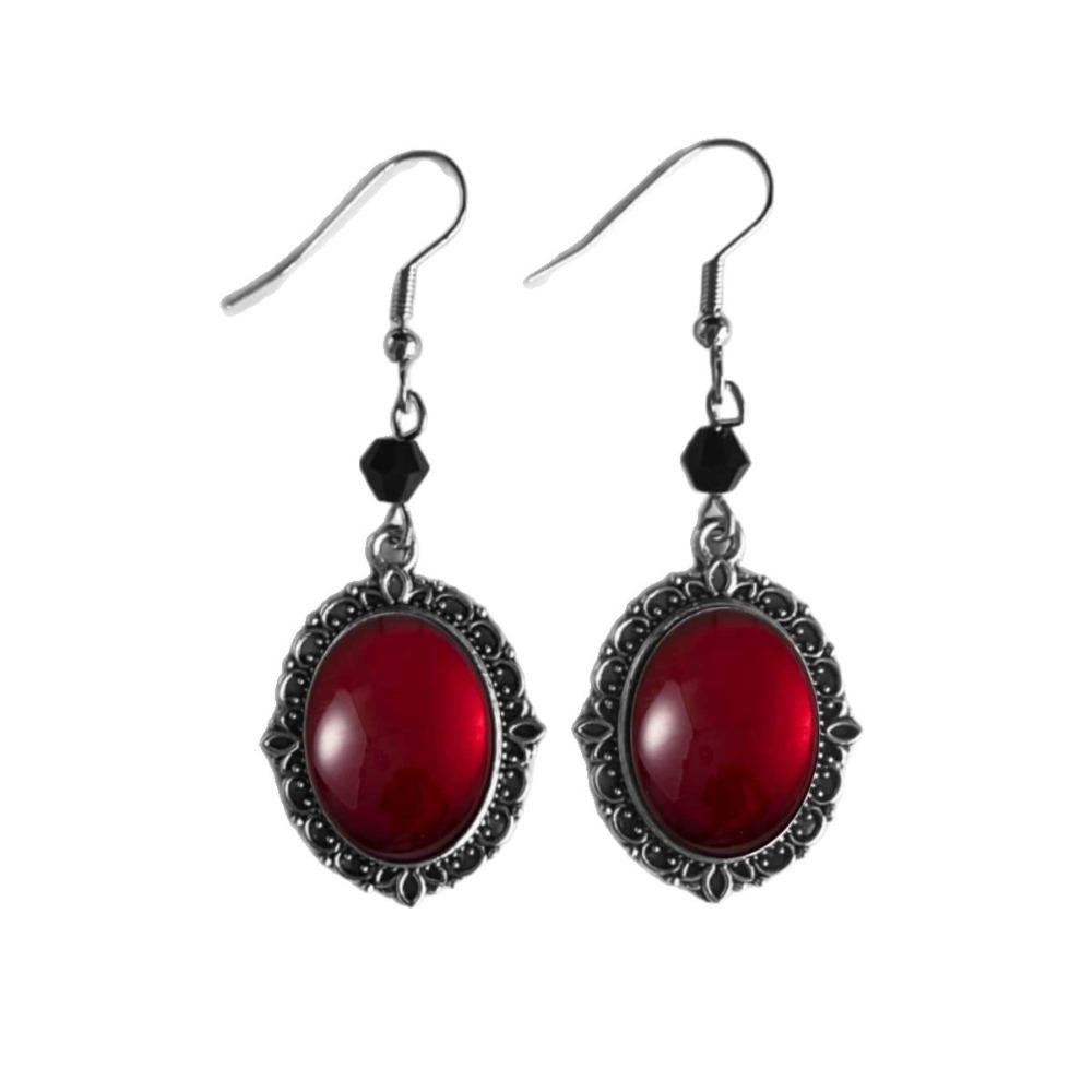 Retro Victoria Sliver Color Oval Lacework Inlay Red Crystal Glass Cat Bat Crow Cemetery Cross Dangle Earrings for Women Jewelry