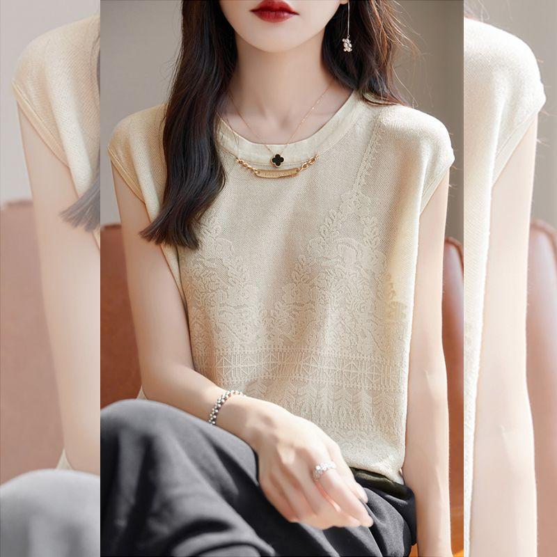 Temperament Sommer Neu Dünner Stil Eis Seide Damen O-Ausschnitt Einfarbig Jacquard Webart Kette Mode Elegant Ärmellos Locker Gestrickte Oberteile