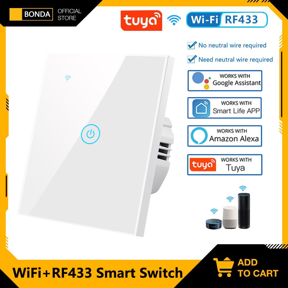 

Умный выключатель света Tuya Wi-Fi, EU, нейтральный сенсорный датчик RF433, настенный выключатель Smart Life, 220 В, голосовая работа с Alexa Google