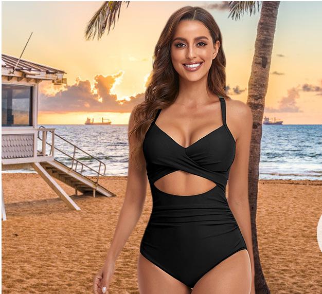 European American Color Block Spliced Cutout One-Piece Swimsuit with Adjustable Cross Tie-Up.