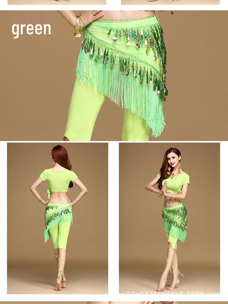 Belly Dance Waist Belt with Coins and Sequins - Gradient Hip Scarf with Long Tassels