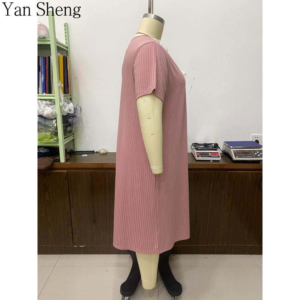 Women Nightgown Plus Size Lace Bow Short Sleeve Long Robe Sexy Home Dress Summer Loungewear for Ladies