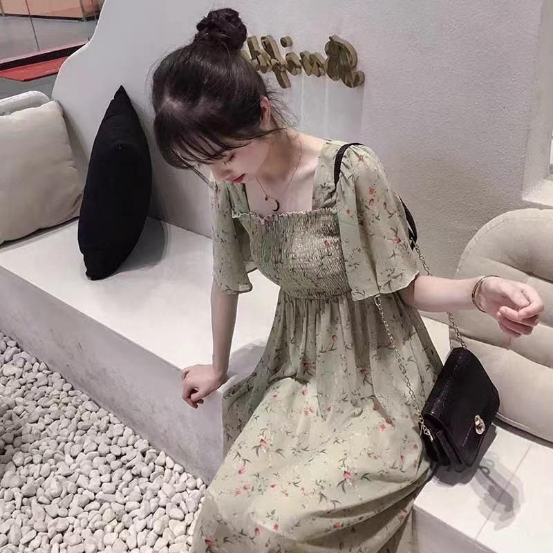 Chiffon floral small fresh dress for women's summer new large size foreign style to cover the belly over the knee, waist and thin dress