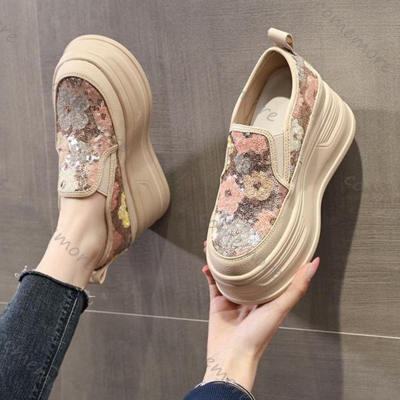 Fashion Comemore Sequin Flower Woman Platform Sneakers Wedge Shoes Female Height Increasing Ladies Breathable Casual Slip On Women Shoes