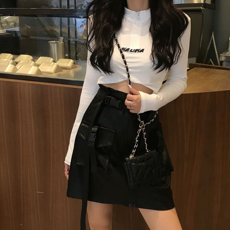 Trička s pevnými šňůrkami pro ženy Trička s odhaleným pupíkem Design Dlouhý rukáv Dámská Trička na zip Dívčí topy Y2K