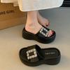 Thick-bottomed Rhinestone Buckle Sandals Women's Imitation Leather Wedge Heel Hairpin Drag Versatile Muffin Bottom Cool Slippers Waterproof Table One-