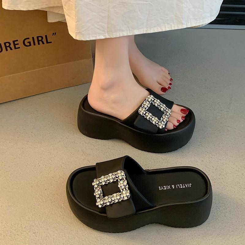 Thick-bottomed Rhinestone Buckle Sandals Women's Imitation Leather Wedge Heel Hairpin Drag Versatile Muffin Bottom Cool Slippers Waterproof Table One-