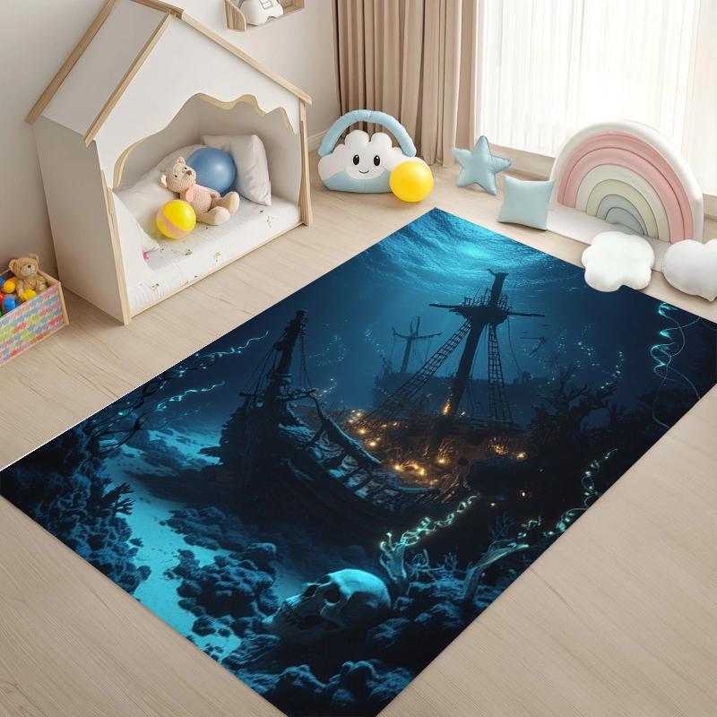 2D Illusion Seabed Underwater World Dolphin Shark Area Rug,Carpet Rug for Living Room Bedroom Sofa Doormat,Non-slip Floor Mat