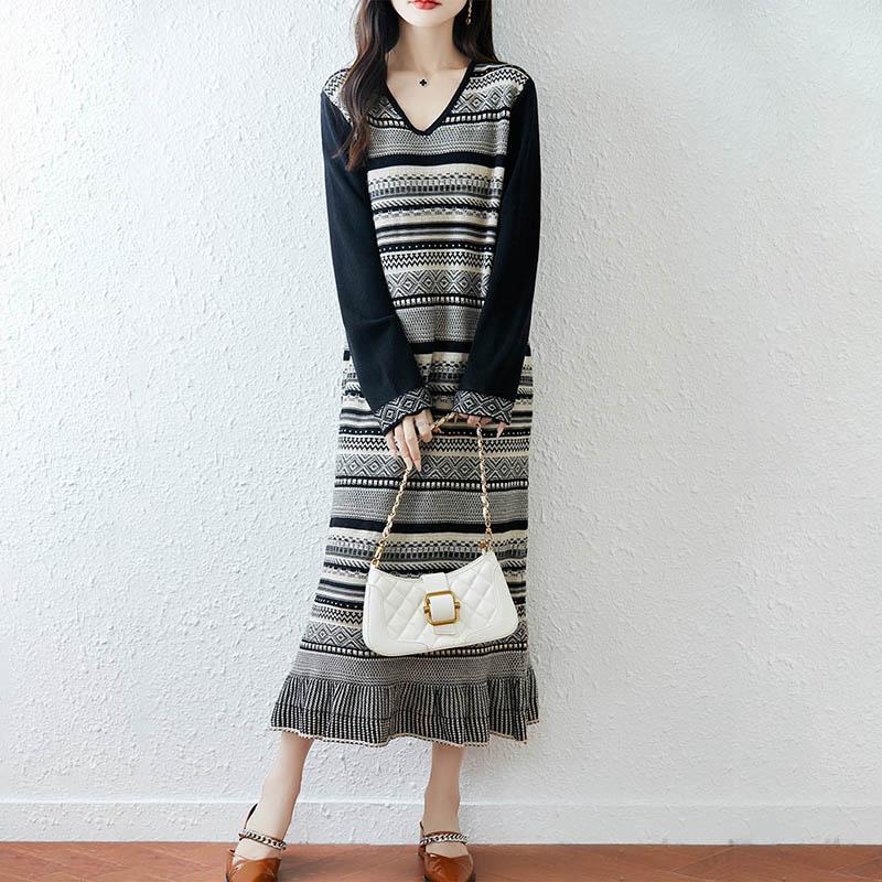 Women Sweater Dress 100% Wool MODERN NEW SAGA V-neck Knit Long Pullover Winter Jumpers Wool Long Dress Female