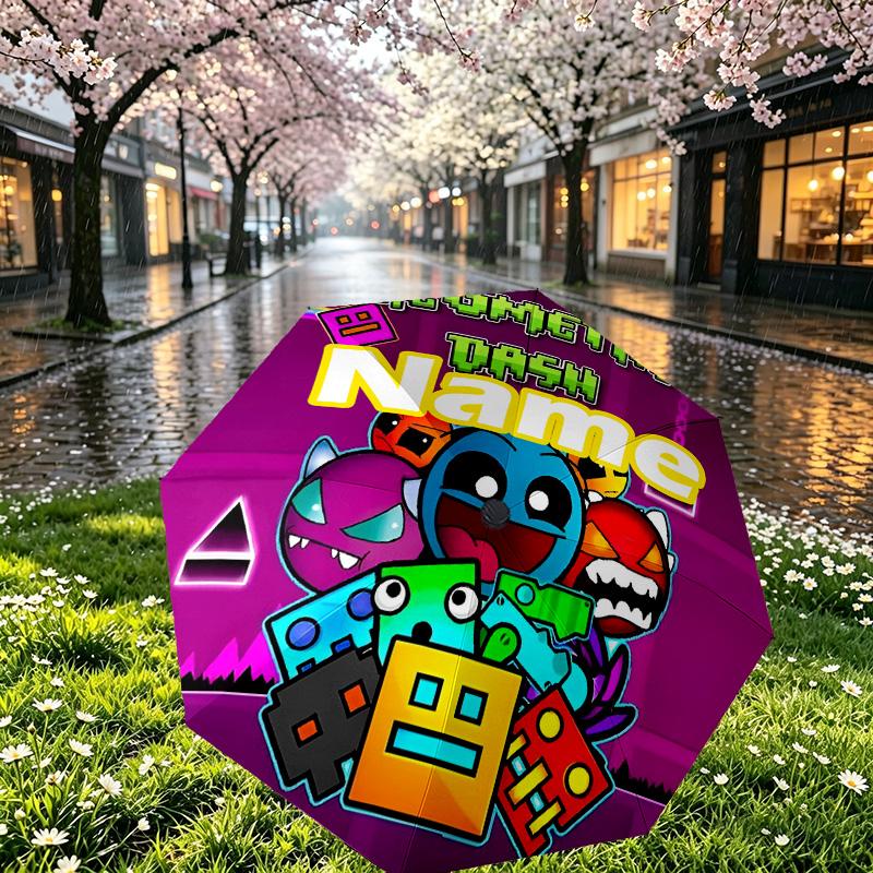 Custom Name Personalized Geometry Dash Print Umbrella, Auto Open Close, 8‑Rib Sturdy Frame, Commute Camping Hiking Use, Birthday Gift