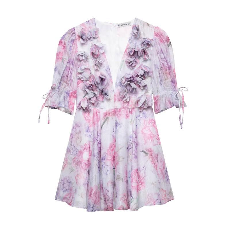 Womens Floral Chiffon A-Line Mini Dress With U-Neck High Waist Sleeveless Streetwear