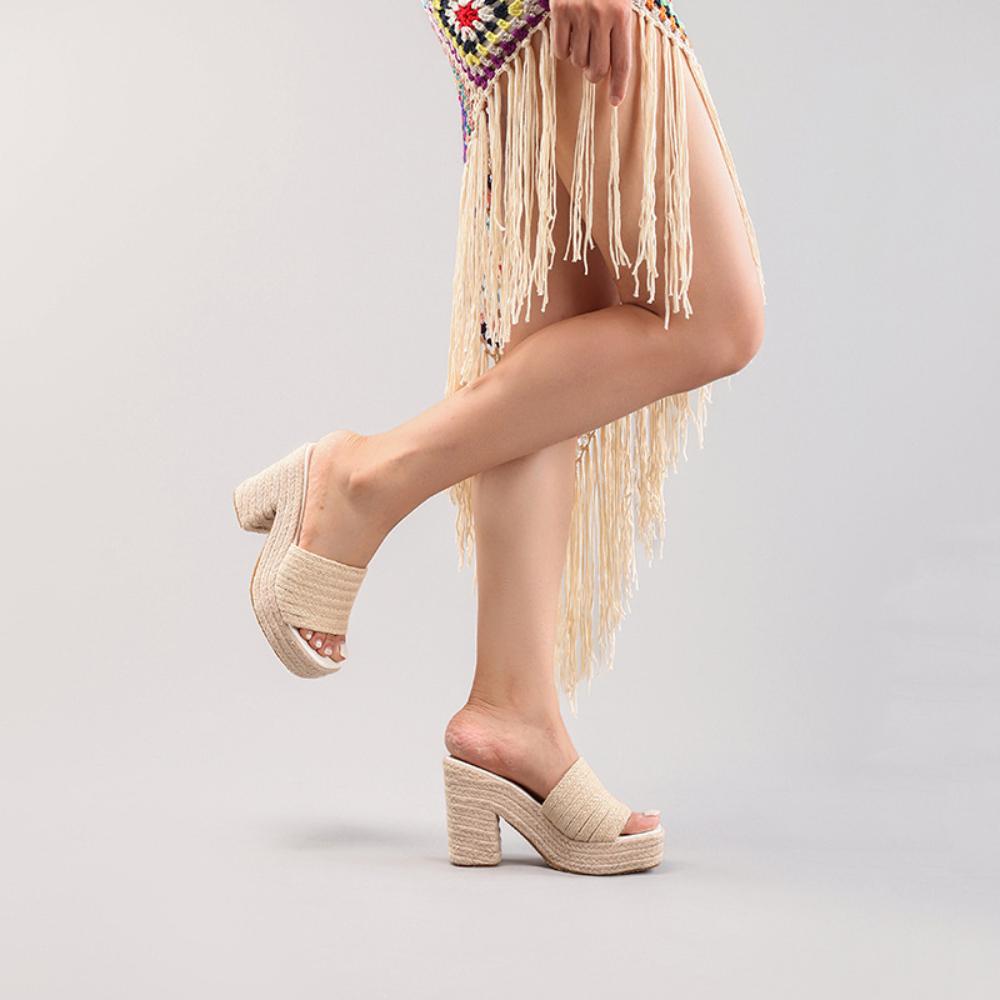 High Heeled Slippers Women's Hemp Rope Wedge Heel Thick Soled Sandals Woven Grass Rope Slippers Waterproof Platform High Heels