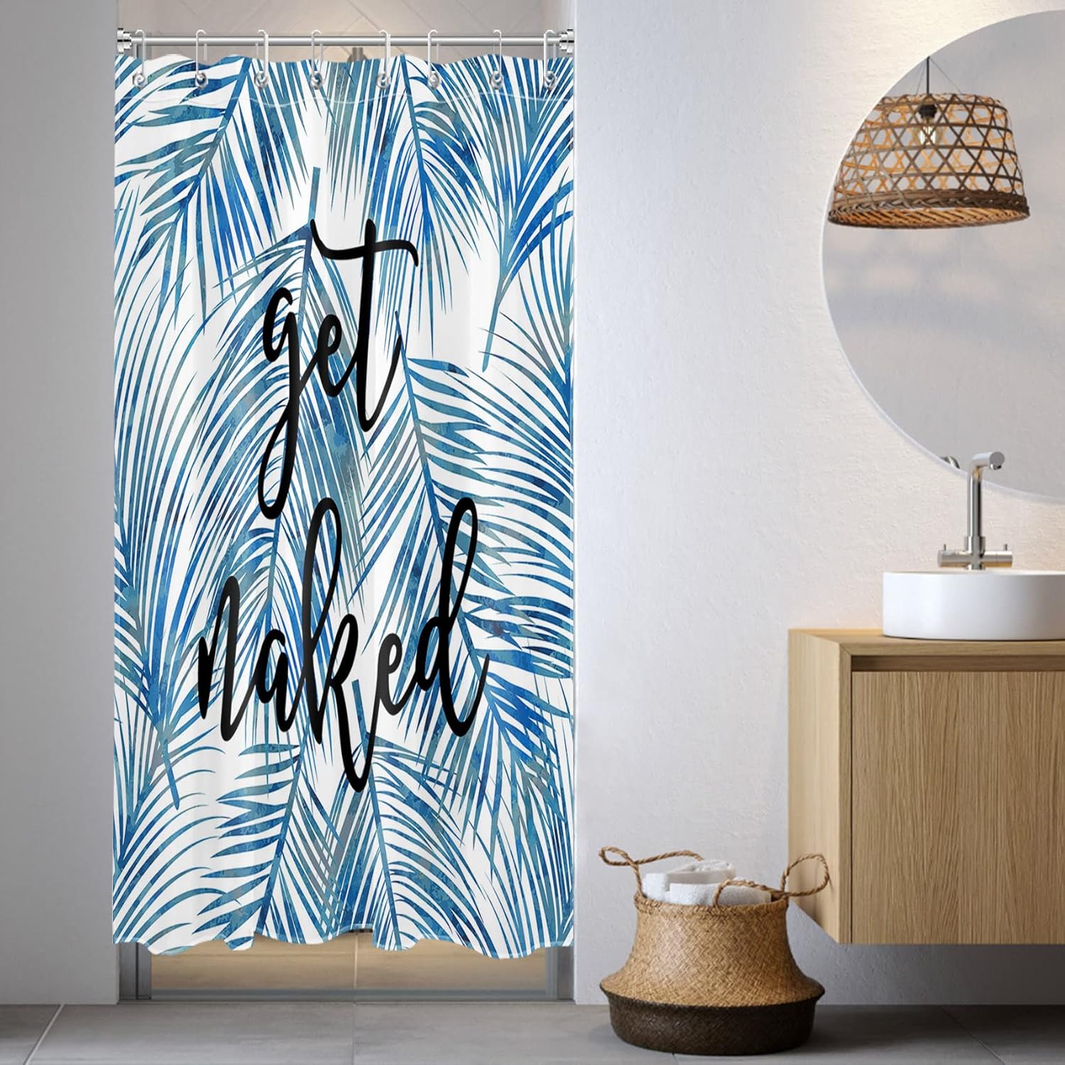 

Funny Get Naked Shower Curtain With Blue Palm Leaf, Tropical Jungle Bathroom Decor Set, 71X71 Inch Fabric Curtain With 12 Hooks W60H190(CM)-1 Pcs