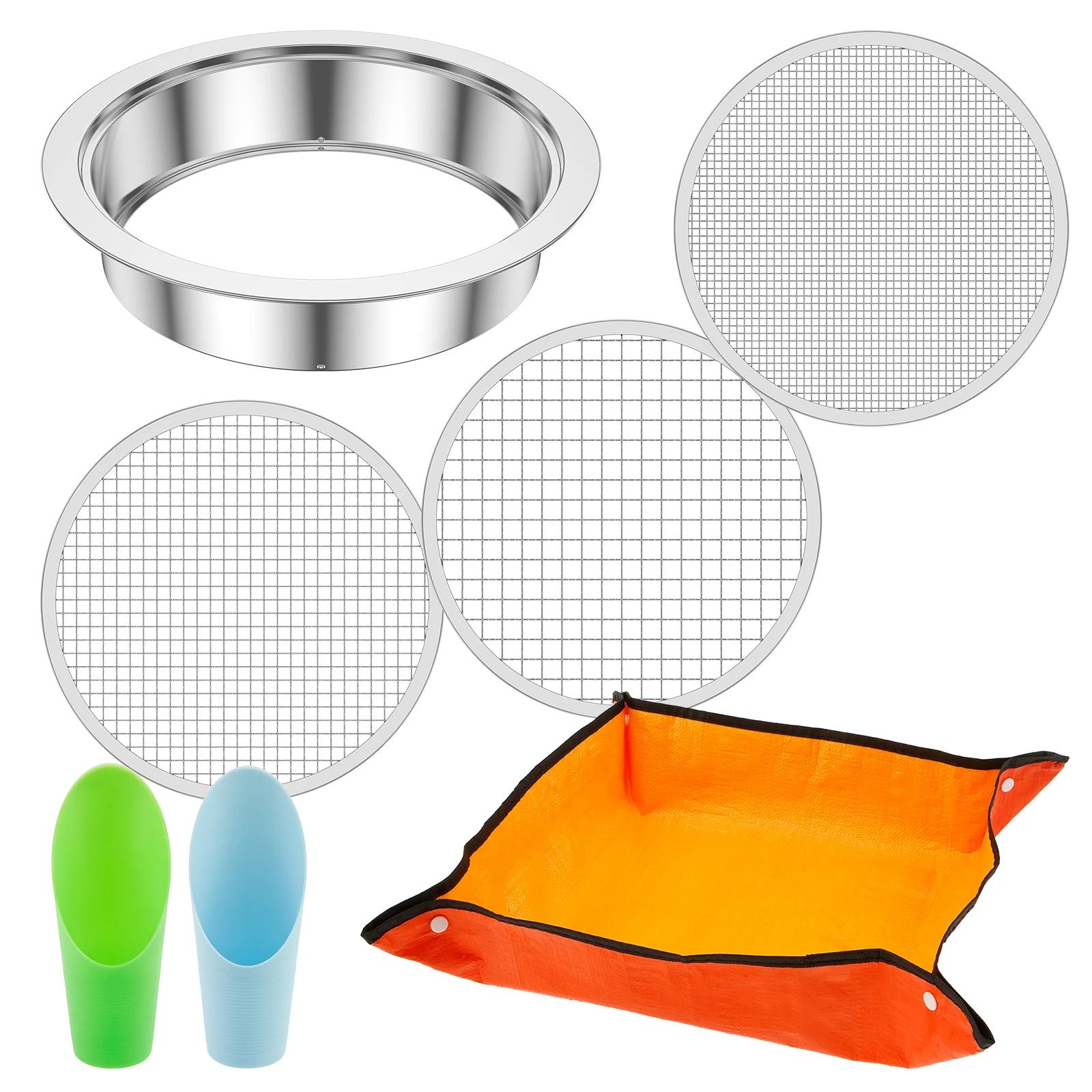 

7PCS Gardening Strainer Filter Stainless Steel Sifter Tools Set Flexible Use Soil Sieve Set with 3 Replaceable Meshes and Spades