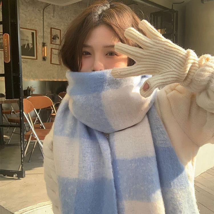 Korean Style Blue and White Plaid Mohair Women's Scarf for Women In Autumn and Winter Versatile Soft and Waxy Warm Imitation Cashmere Scarf Thickened