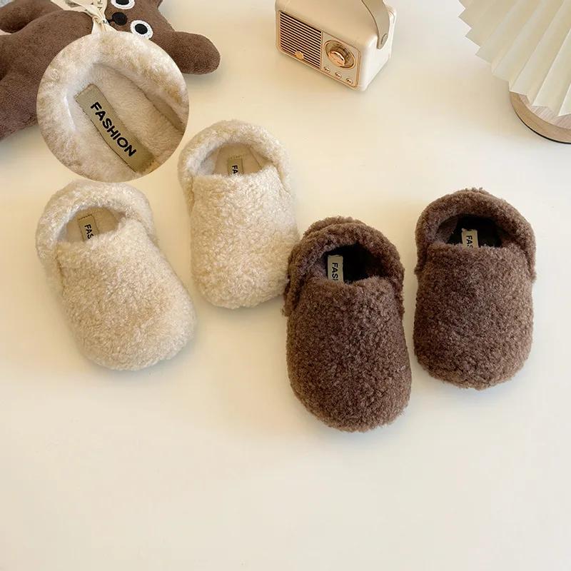 2024 Children Ins Plush Shoes for Girls Winter New Fashion Korean Style Soft Bottom Anti-slippery Versatile Chic Leather Shoes