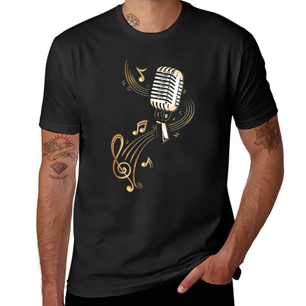Retro Microphone with Music Notes and Clef. T-Shirt Short Sleeve Tee Summer Tops New Edition T Shirts Men