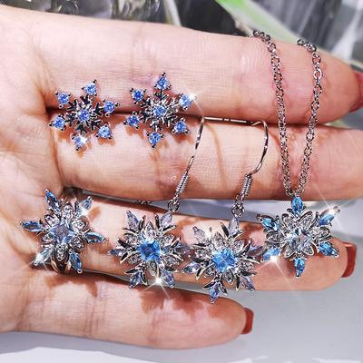 Silver Classic Snowflake Ring Shape Blue Zircon Wedding Jewelry Set Female Earring Necklace Ring Three-piece Set