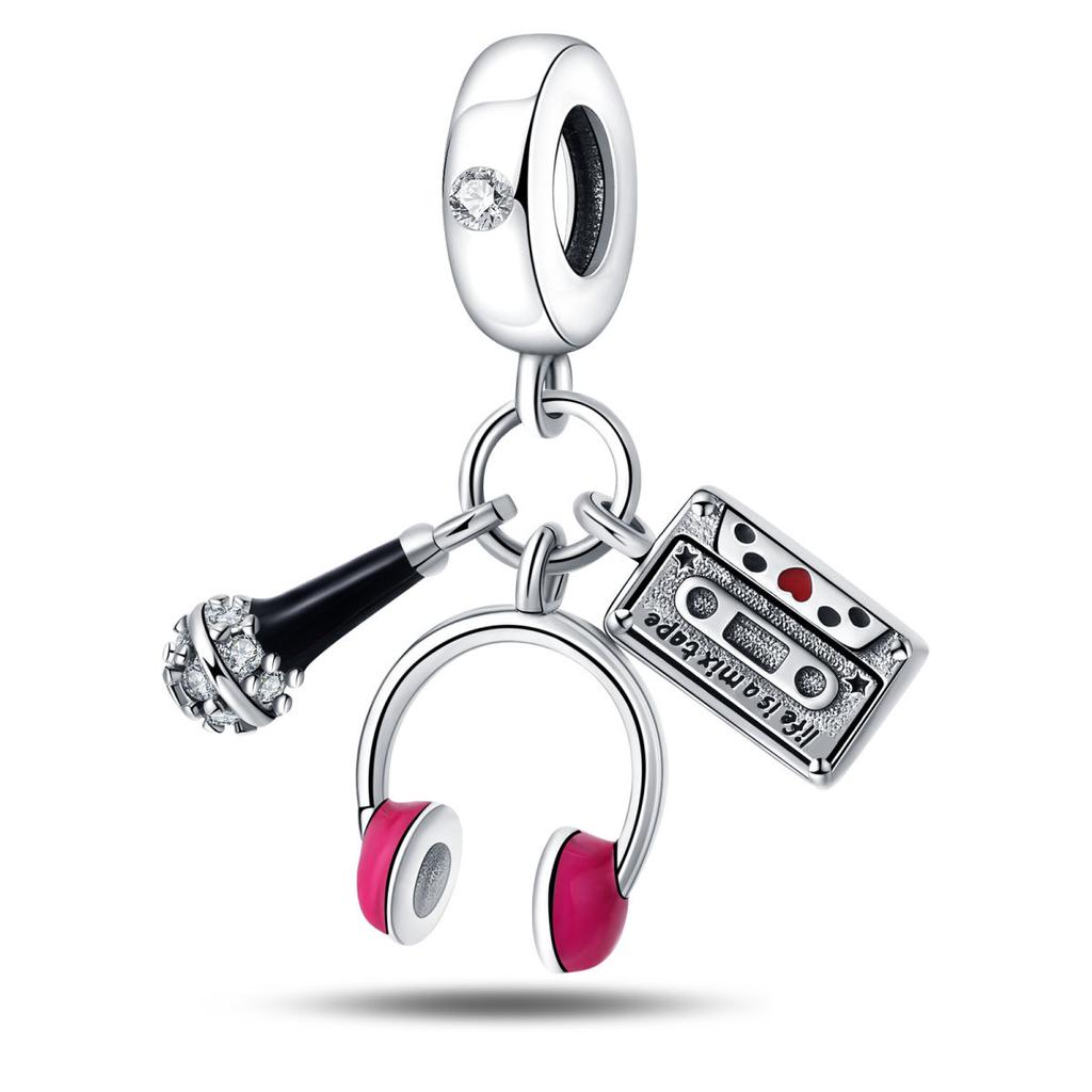 925 Silver Beaded Bracelet Headphones Tape Guitar Saxophone Pendant DIY Style Beaded Jewelry