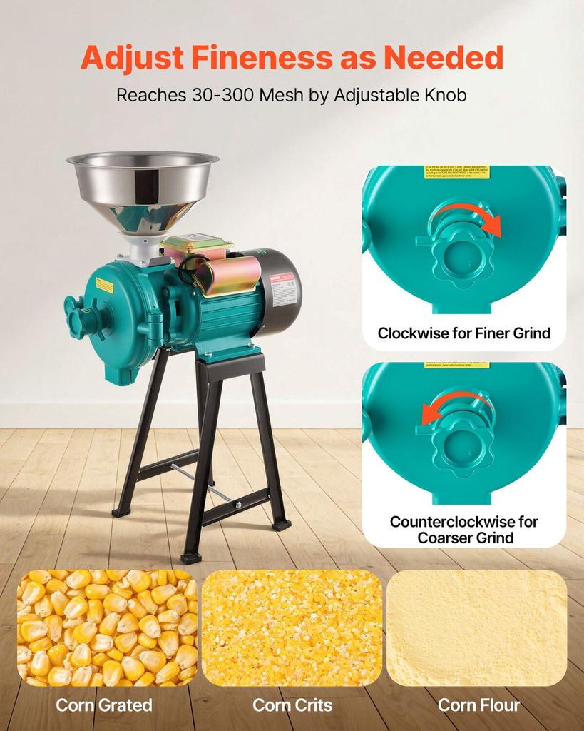 Electric Grain Mill Grinder, 110 lbs/H Commercial Spice Grinders, 2200W Cast Iron Pulverizer Powder Machine with Non-Slip Rubber Feet, for Dry Grains,