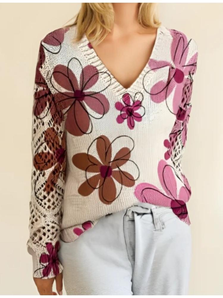 Women's Off-White V-Neck Knit Sweater with Blue Floral Pattern and Lace-Up Sleeve Detail