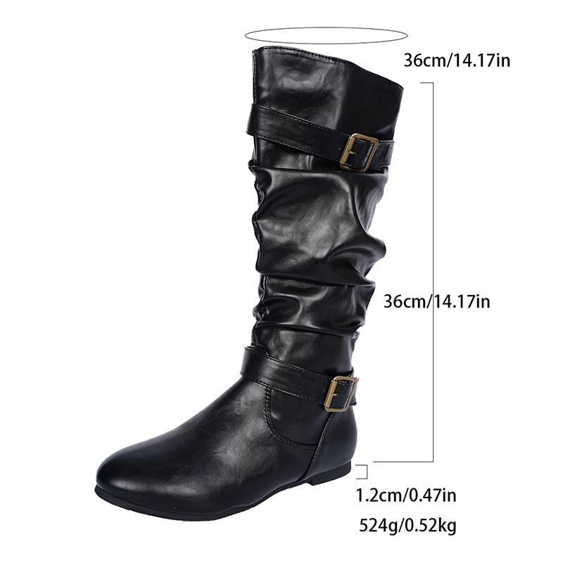 

Плиссированный дизайн Плоские ботфорты до колена Женские Ретро Коричневые из ПУ кожи Вестерн ботинки Женские Декор ремешком с пряжкой Молния Длинные боты Женские 43 чёрный