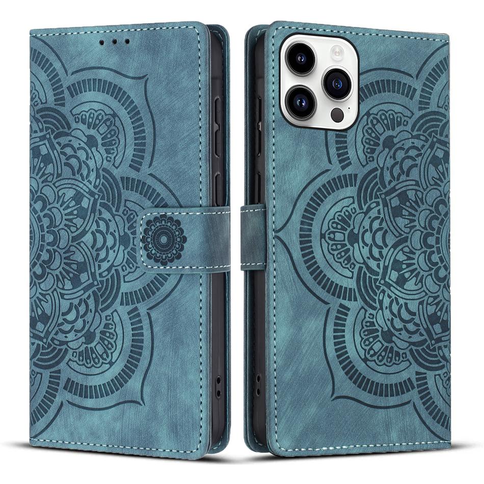 

For iPhone 14 Pro Max Leather Case WANLONFENG HDM Series Mandala Imprint Wallet Stand Phone Cover Blue