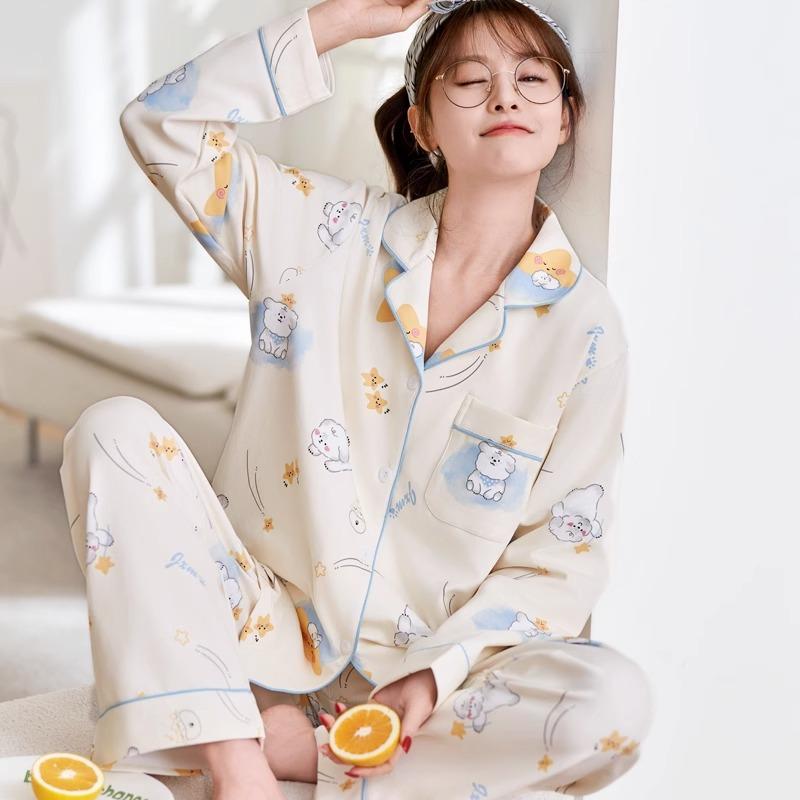 "Cute Dog Dachshund" ins cartoon spring and autumn striped pajamas women's cardigan long-sleeved loungewear autumn and winter suit