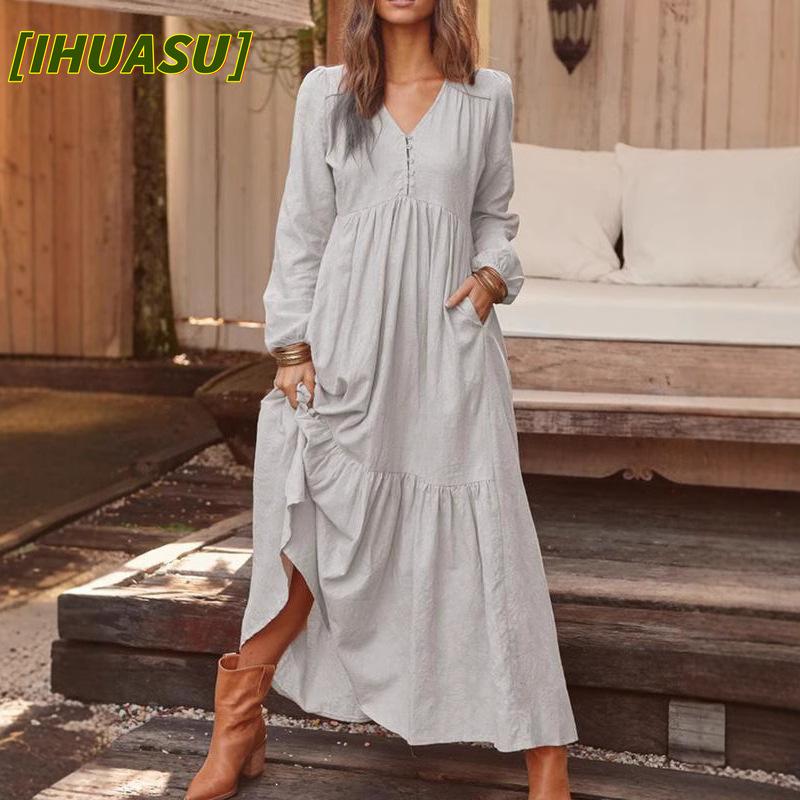 IHUASU Fashion Autumn Winter Solid Color Print Long Sleeve V-Neck Casual Dresses Unique design