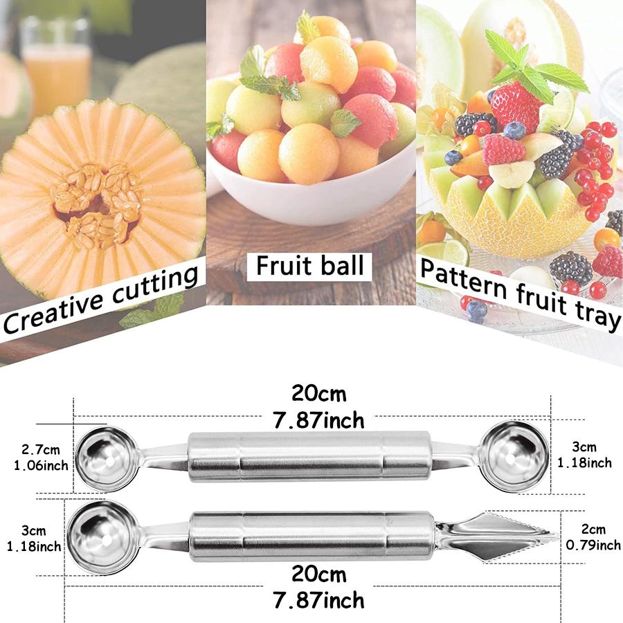 2Pcs Double-Headed Stainless Steel Fruit Baller Spoon - Multi-Function Melon Scoop & Carving Tool for Fruit Platter & Salad Prep