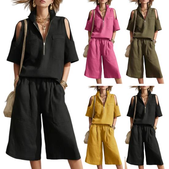 Two Piece Sweatsuit for Women Casual Half Zipper Short Sleeve Tops And Shorts Tracksuits Summer Lounge Outfits with Pockets