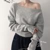 The Pink Women Loose Fit Button Sleeve Off Shoulder Wool Knit