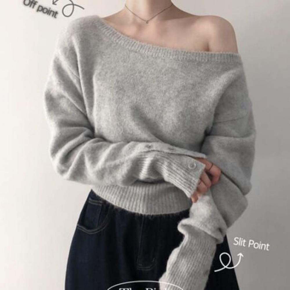 The Pink Women Loose Fit Button Sleeve Off Shoulder Wool Knit