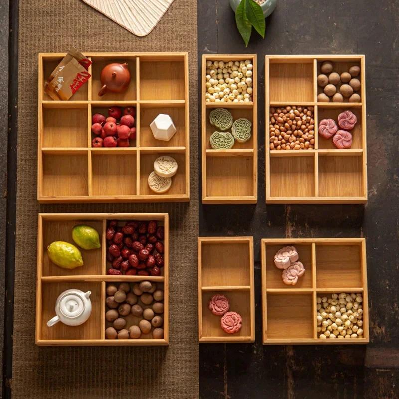 Wooden Bamboo Partition Tray With Cover Nuts Dried Fruit Candy Holder Party Indoor Outdoor Appetizer Food Serving Plate Supply