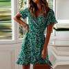 Sexy Boho Floral Print Mini Dress Women Summer Beach Vacation Sundress V Neck Short Sleeve Ruffles A Line Chiffon