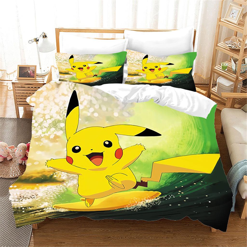 Anime P-Pokémon Printed Bedding Set New Ash Ketchum Pikachu Duvet Cover Comforter Pillowcase Boys Girls Children Adults King Gif