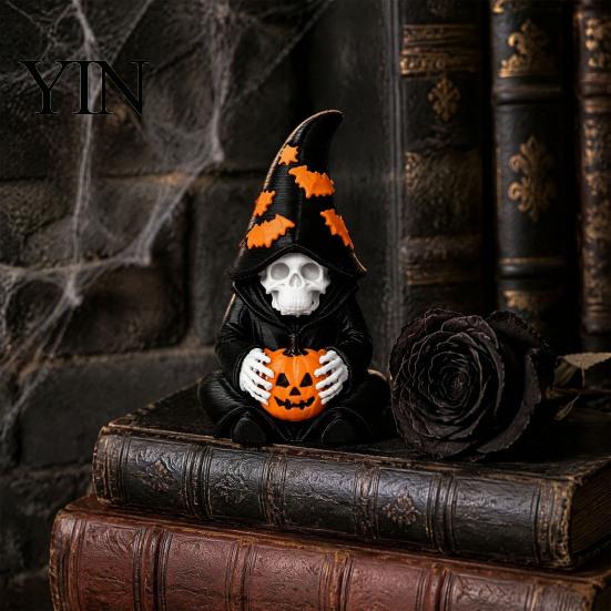 Atmospheric Entrance Decorations Halloween Skeleton Wizard Figurine, 3D Printed Gothic Statue with Mysterious Bookshelf Ornaments Pumpkin& Bat