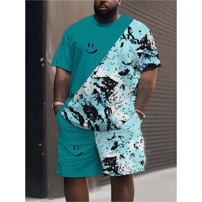 Men s Summer Smiley Face Print Set: Teal & Black Splatter Tee with Matching Shorts. Loose Fit Big Size for Urban Street S разноцветный