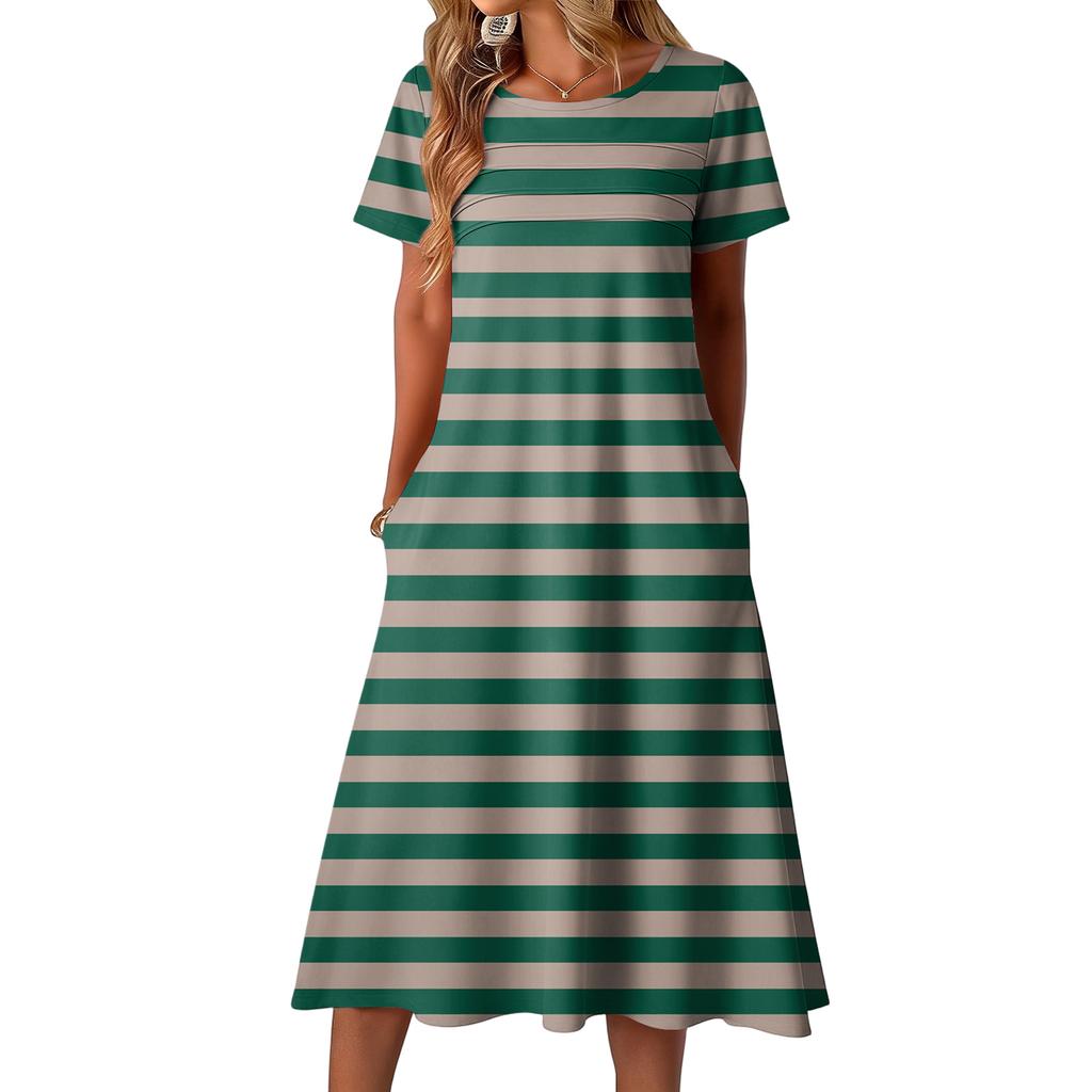 Ladies' striped printed casual and fashionable short sleeved round neck dress