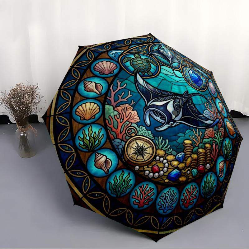 Ocean Treasure Glass Pattern Umbrella, Portable and Foldable Design, 8 Ribs, a Casual Accessory for Halloween, Christmas, and Birthday Gifts.
