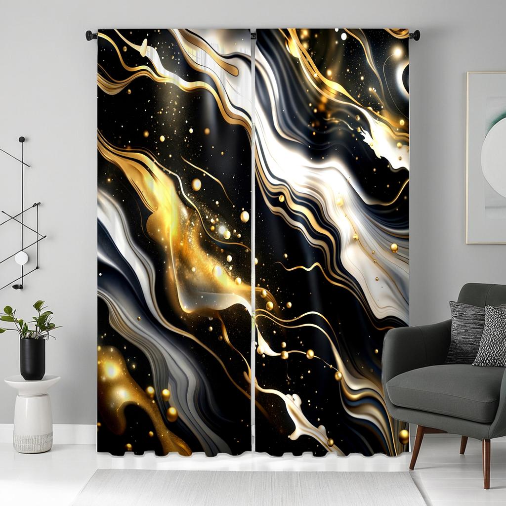 2PCS HD digital curtain print black tie black gold quicksand stripes Home decoration style Decorate living room bedroom wear
