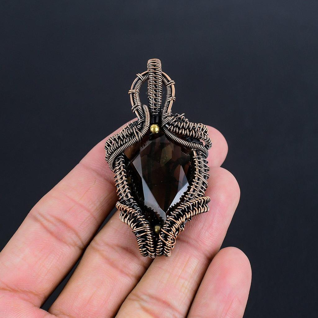 Smoky Topaz Jewelry, Handmade Gemstone Pendant, 999 Copper Wire Wrapped Pendant Antique Jewelry, For Engagement Gift