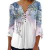 Plus Size Women's Floral 3D Print V-Neck Button Pleated Mid-Sleeve T-Shirt for Spring/Summer