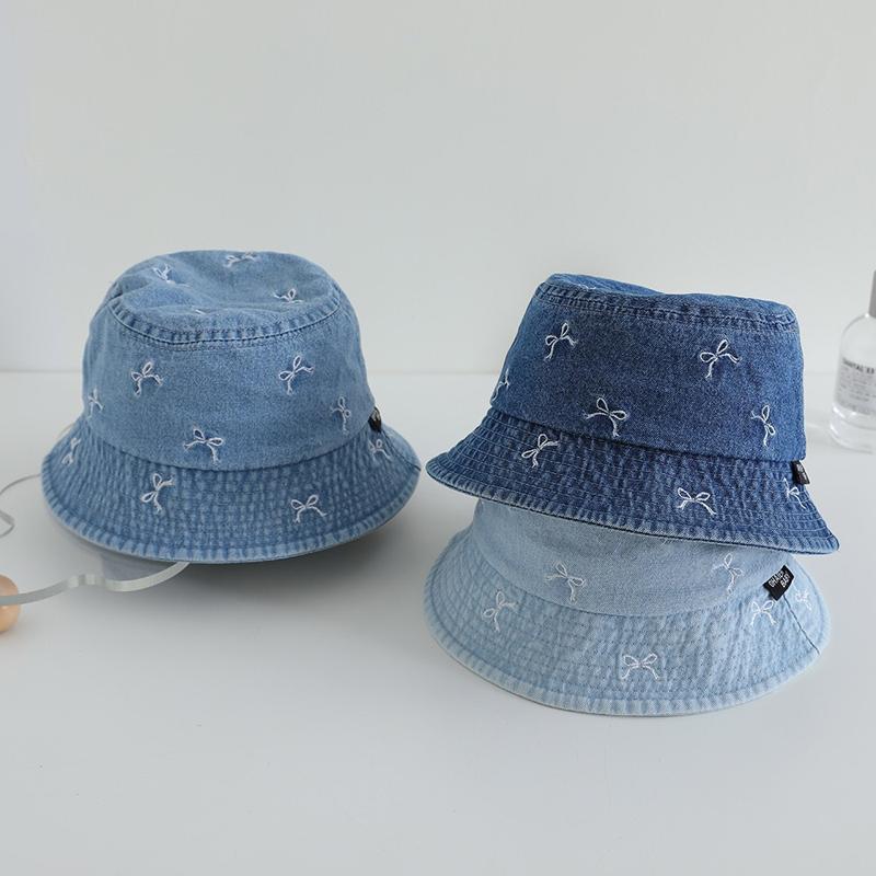 Spring Summer Baby Fisherman Hats 48-50cm Lovely Bow Pattern Kids Boys Girls Outdoor Sun Hat Fashion Denim Children Bucket Caps