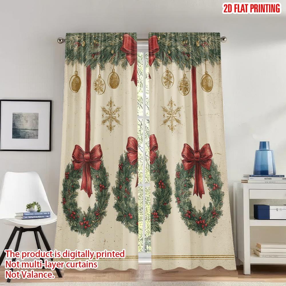 

Set Of 2 Flat Printing Merry Christmas Trendy Curtains Wreaths Red Bows Digital Printed Polyester Drapes Family Party Curtain Made W100*H70(CM)-Grommet top&2PCS