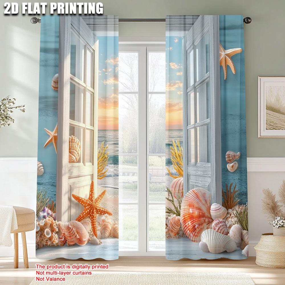 2pcs, Creative Curtains 2D print Ocean Starfish And Seashells Machine Washable Fabric (without rod) Art Deco Festive Perfect for