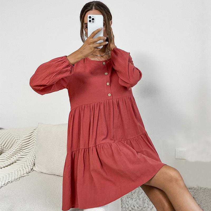 European & American Women's Pleated Cotton Linen Long-Sleeve Casual Dress