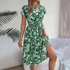 Women High Waist A Line Floral Pleated Long Dress Short Sleeve Spring Summer