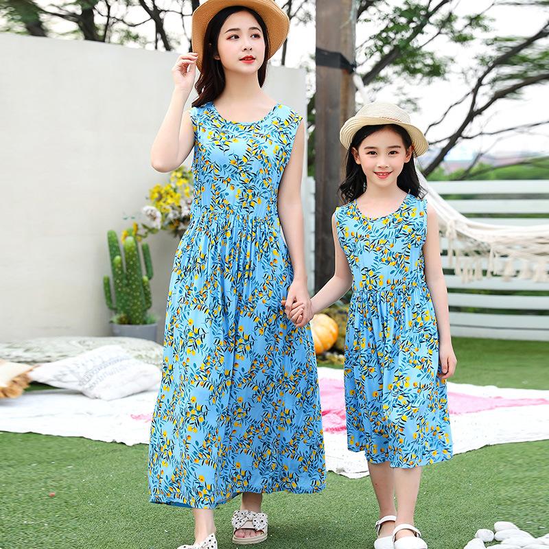 Children's Cotton Dress Summer Dress Family Foreign Style Floral Princess Dress Girls Beach Strap Dress